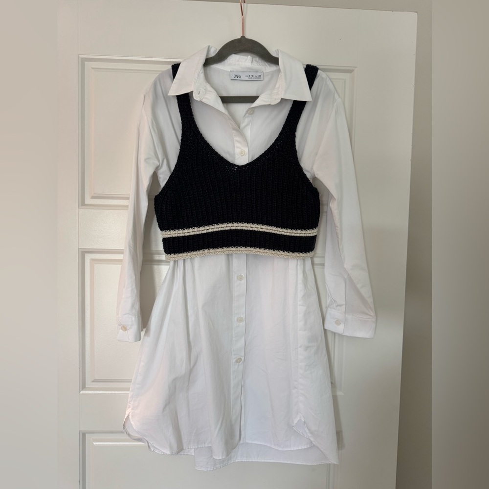 Zara Girls Black Cropped Knit Vest Over White Shirt Dress